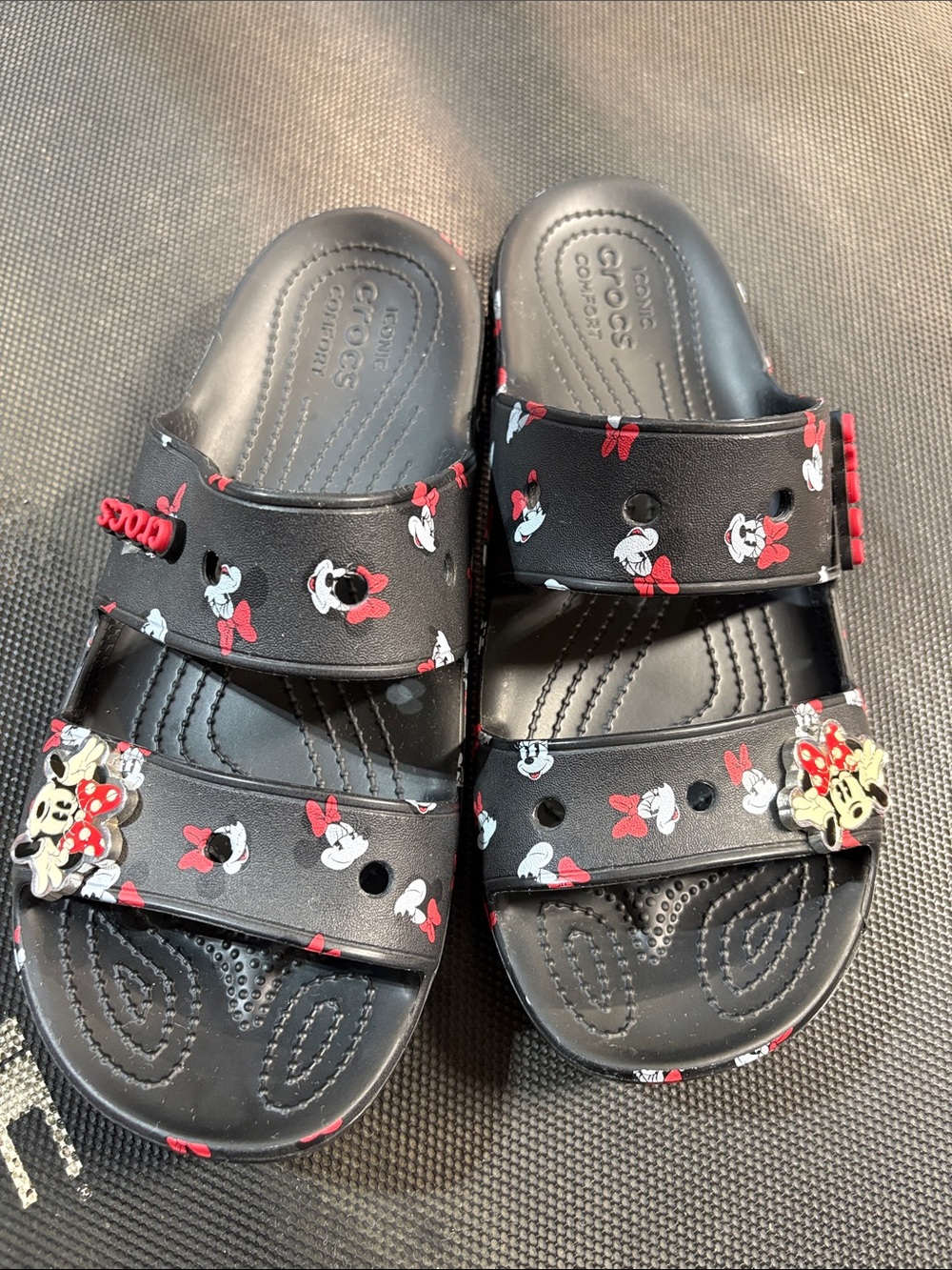 CROCS Black Minnie Mouse Double-Strap Slide Sandals with Red Accents